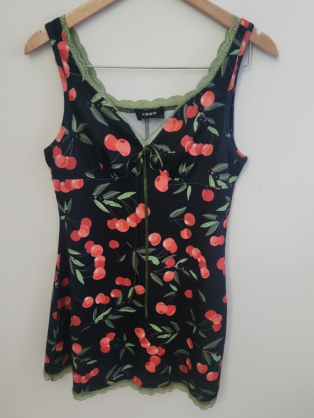 Cider Black Cherry Print Tank Dress Olive Lace Large Fruit Vacation - Picture 2 of 7